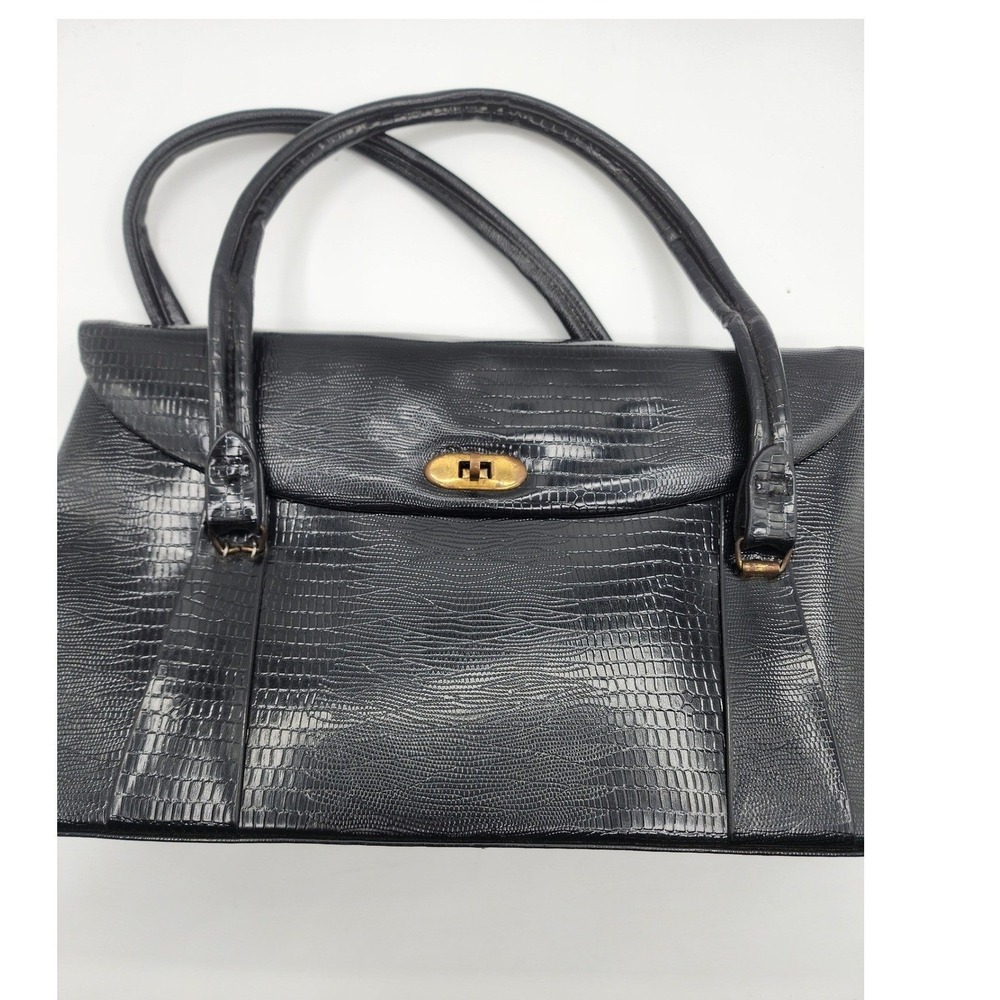 Vintage Black Faux Lizard Embossed Satchel Handbag Medium